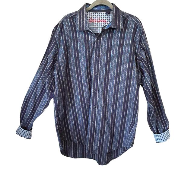 Robert Graham Shirt Mens Large Blue White Brown Striped Button Down Cotton - Picture 1 of 16